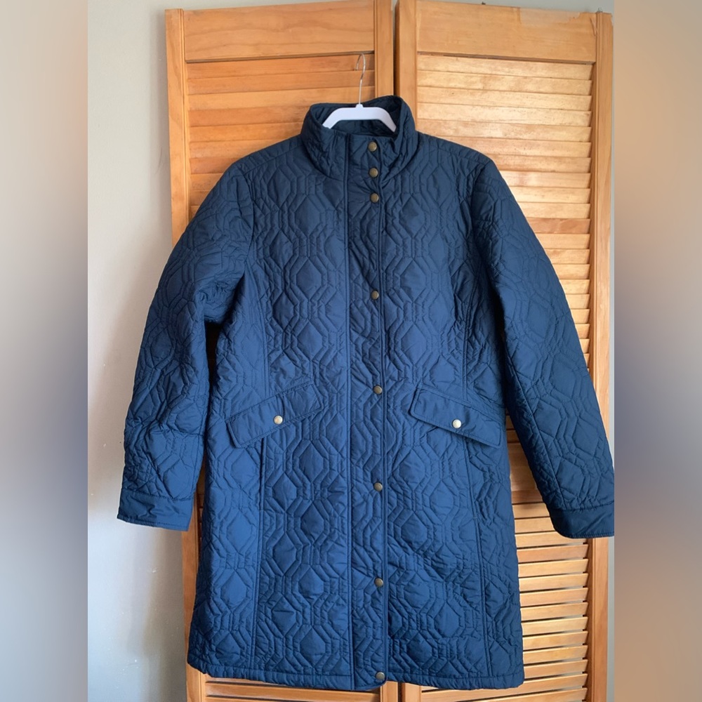 Lands End navy quilted polartec fill coat with two front pockets.New With Tags